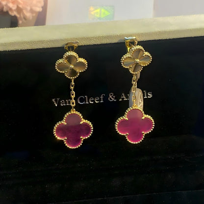 [Amore Jewelry]NEW CLOVER 2 MOTIF PINK ENAMEL EARRINGS