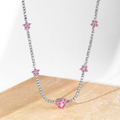[Amore Jewelry]Dazzling Pink Heart Flower Necklace