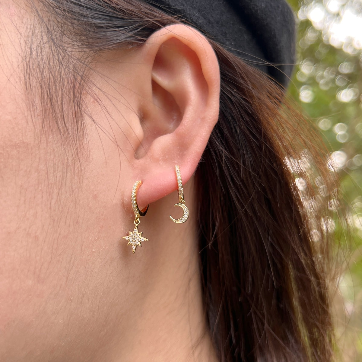 [Amore Jewelry]Star and Moon Asymmetric Earrings