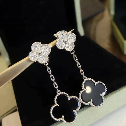 [Amore Jewelry]CLOVER 2 MOTIFS  DIAMOND ONYX EARRINGS SILVER