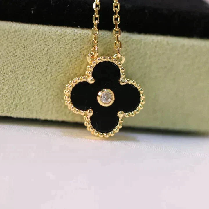 [Amore Jewelry]CLOVER 15MM DIAMOND ONYX NECKLACE
