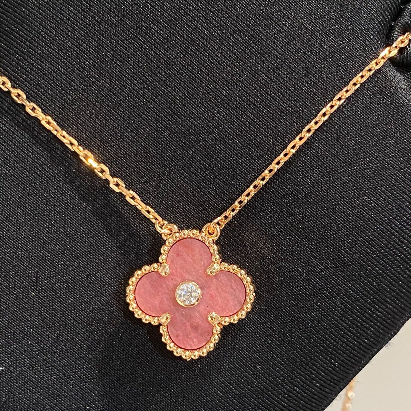 [Amore Jewelry]CLOVER 15MM DIAMOND RHODONITE NECKLACE