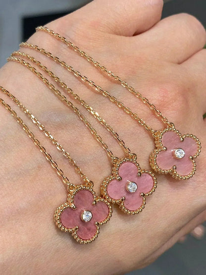 [Amore Jewelry]CLOVER 15MM DIAMOND RHODONITE NECKLACE