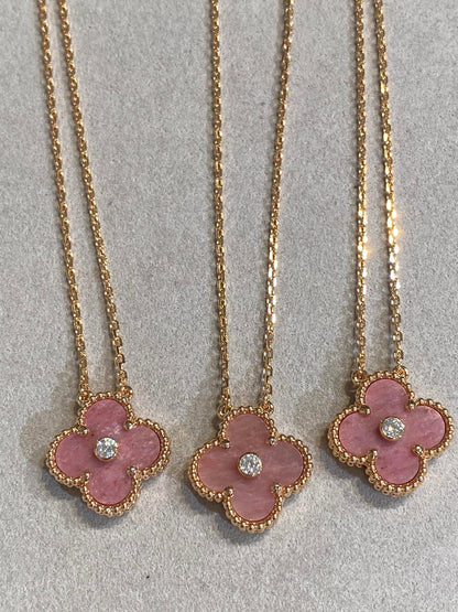 [Amore Jewelry]CLOVER 15MM DIAMOND RHODONITE NECKLACE