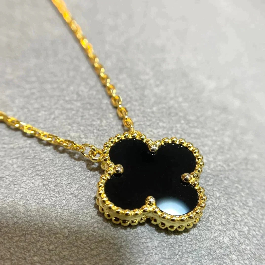 [Amore Jewelry]CLOVER 15MM BLACK ONYX SINGLE FLOWER NECKLACE