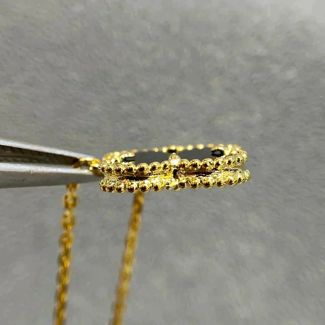 [Amore Jewelry]CLOVER 15MM BLACK ONYX SINGLE FLOWER NECKLACE