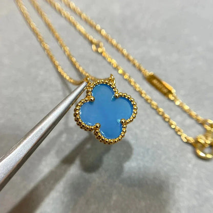 [Amore Jewelry]CLOVER 15MM BLUE AGATE NECKLACE