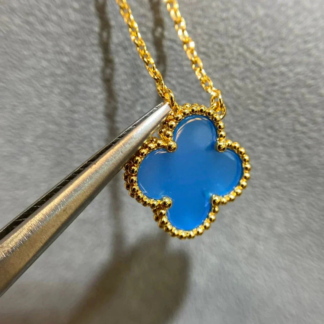 [Amore Jewelry]CLOVER 15MM BLUE AGATE NECKLACE