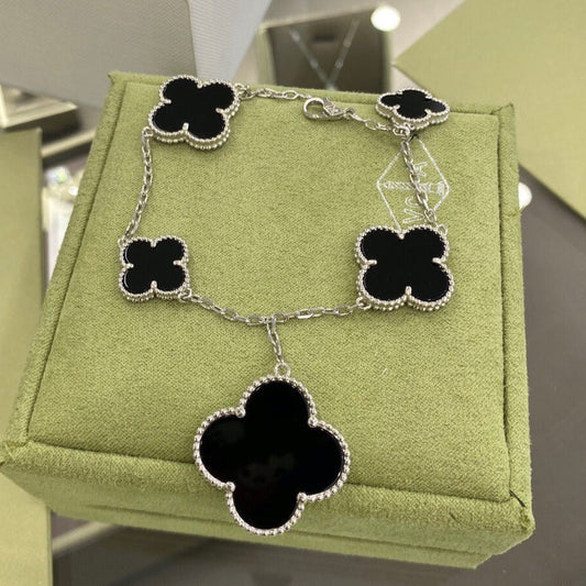 [Amore Jewelry]CLOVER 5 MOTIFS SIVLER ONYX BRACELET
