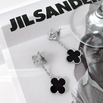 [Amore Jewelry]CLOVER 2 MOTIFS  DIAMOND ONYX EARRINGS SILVER