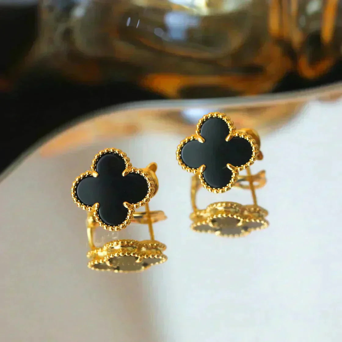 [Amore Jewelry]CLOVER MEDIUM 1 MOTIFS  ONYX STUD EARRINGS