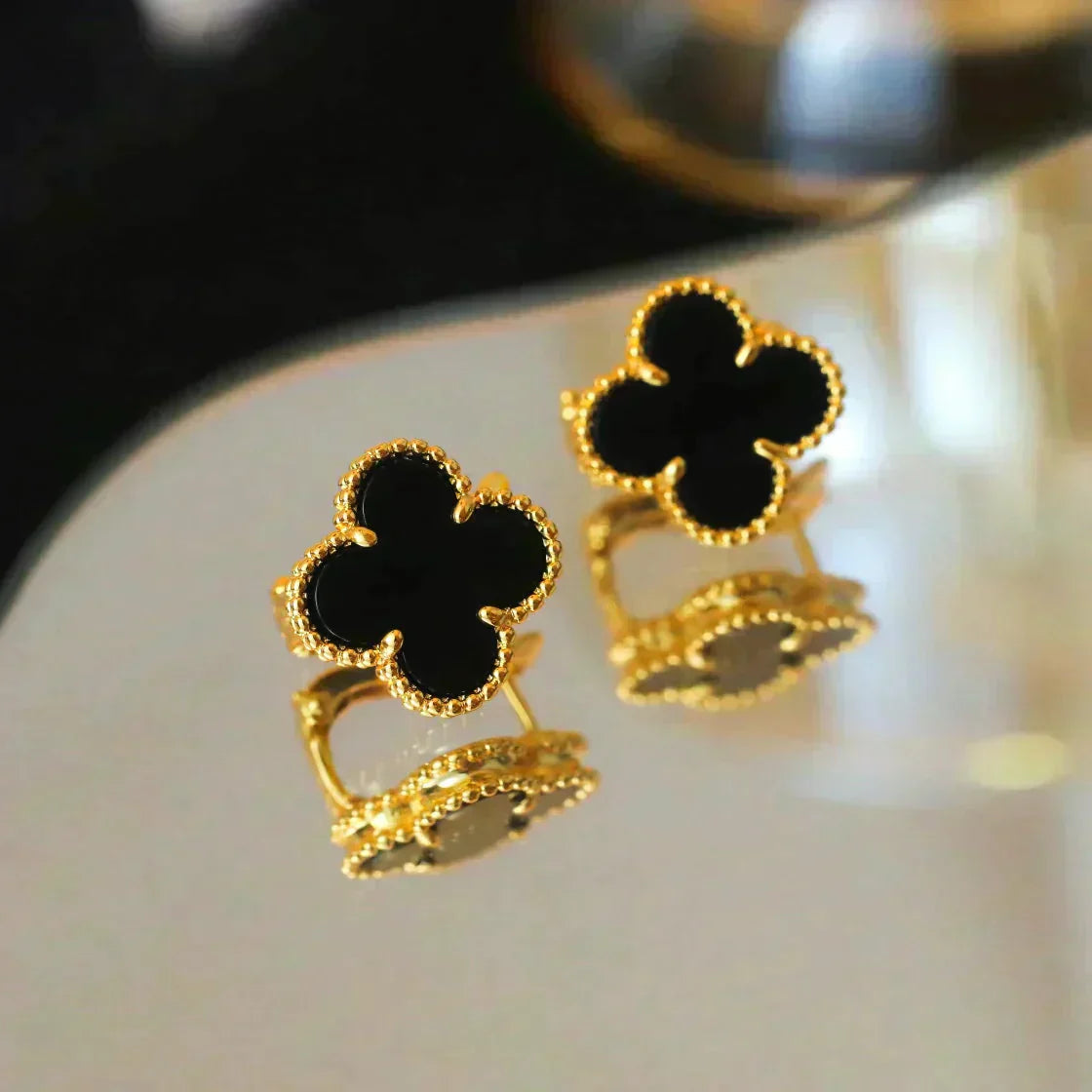 [Amore Jewelry]CLOVER MEDIUM 1 MOTIFS  ONYX STUD EARRINGS