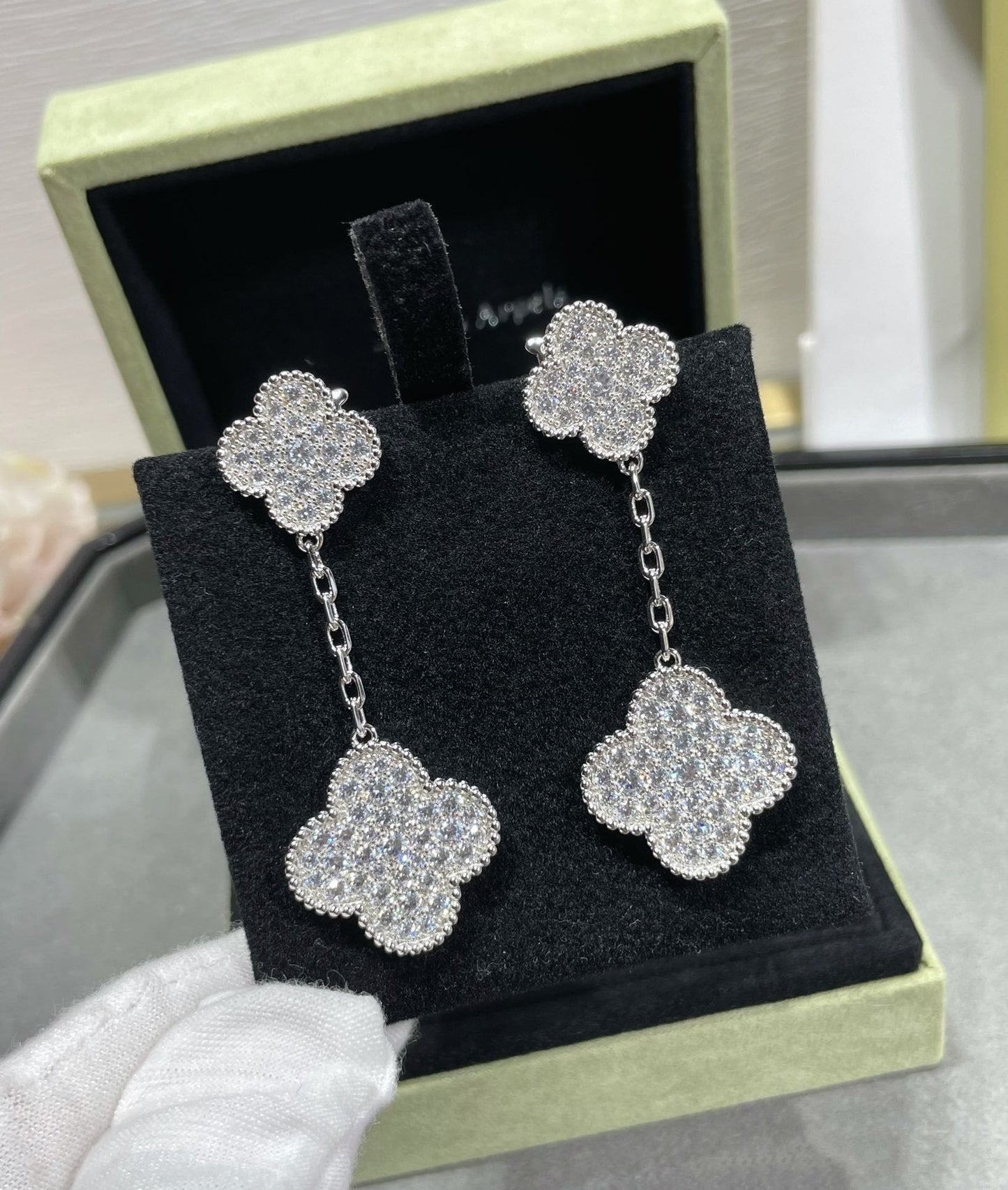 [Amore Jewelry]CLOVER 2 MOTIFS DIAMOND PAVED SILVER EARRINGS