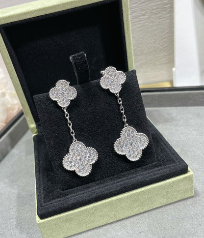 [Amore Jewelry]CLOVER 2 MOTIFS DIAMOND PAVED SILVER EARRINGS