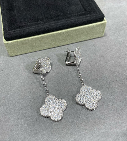 [Amore Jewelry]CLOVER 2 MOTIFS DIAMOND PAVED SILVER EARRINGS