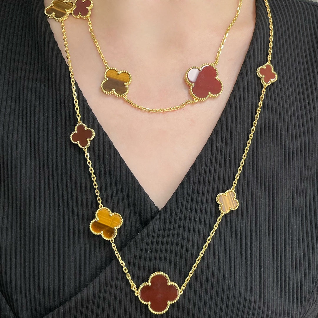 [Amore Jewelry]CLOVER 16 MOTIF CARNELIAN TIGER EYE ROSE GOLD NECKLACE