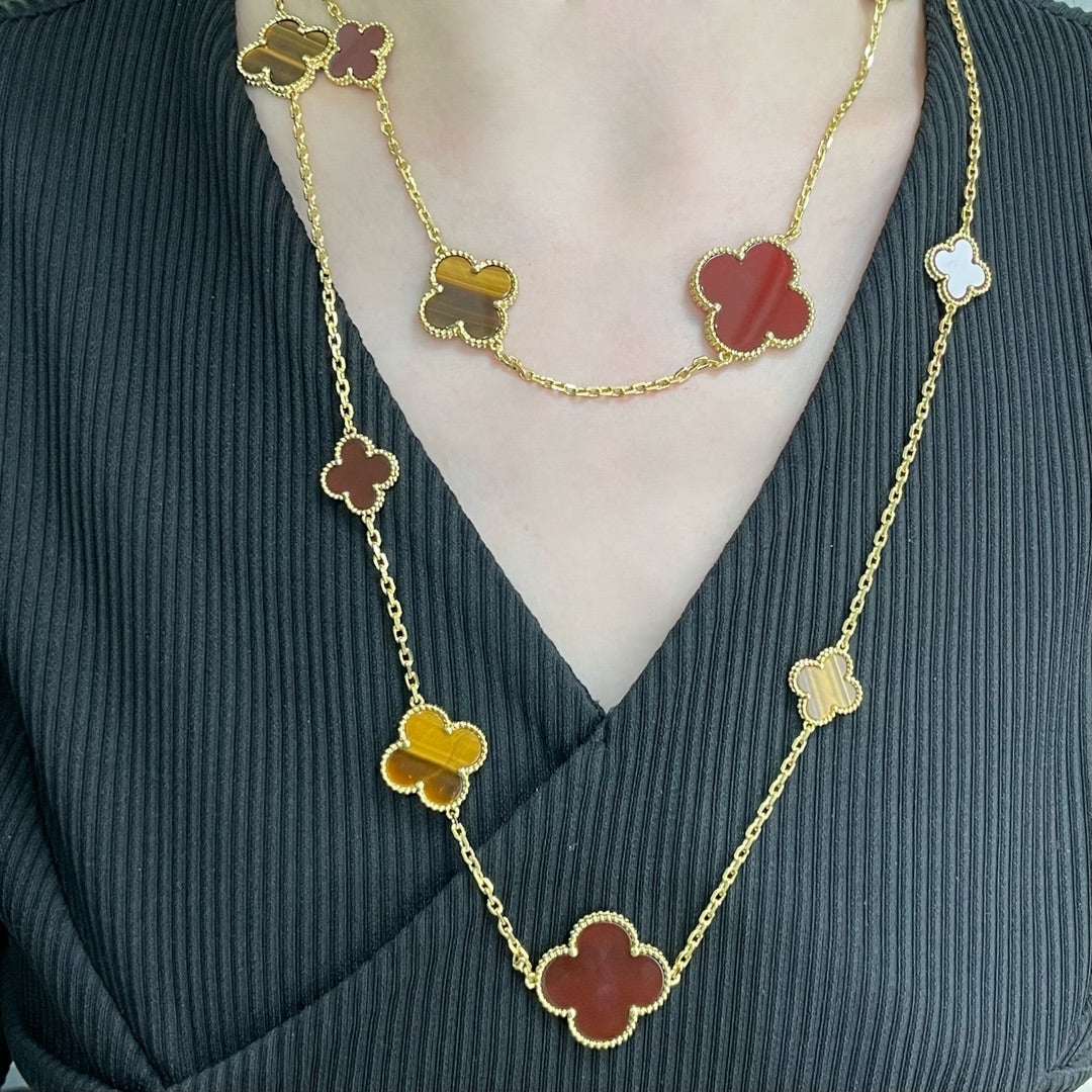 [Amore Jewelry]CLOVER 16 MOTIF CARNELIAN TIGER EYE ROSE GOLD NECKLACE