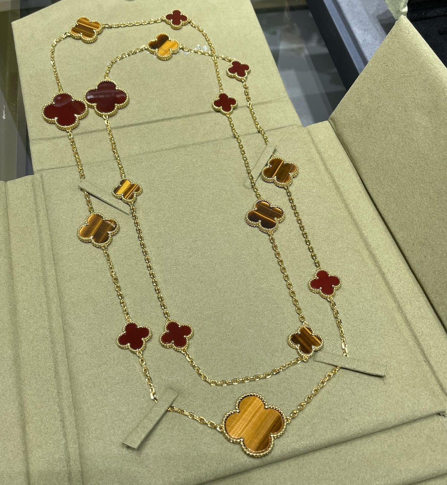[Amore Jewelry]CLOVER 16 MOTIF CARNELIAN TIGER EYE ROSE GOLD NECKLACE