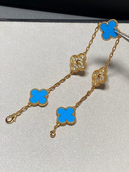[Amore Jewelry]CLOVER 5 MOTIF BLUE CHALCEDONY DIAMOND GOLD BRACELET