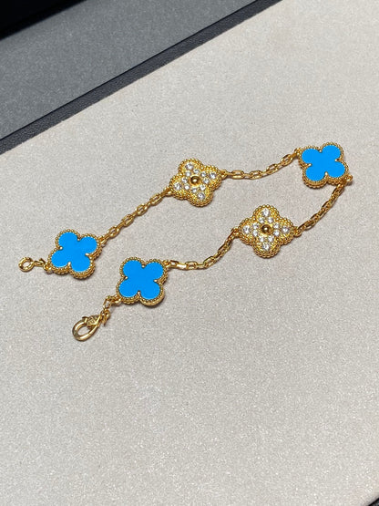 [Amore Jewelry]CLOVER 5 MOTIF BLUE CHALCEDONY DIAMOND GOLD BRACELET
