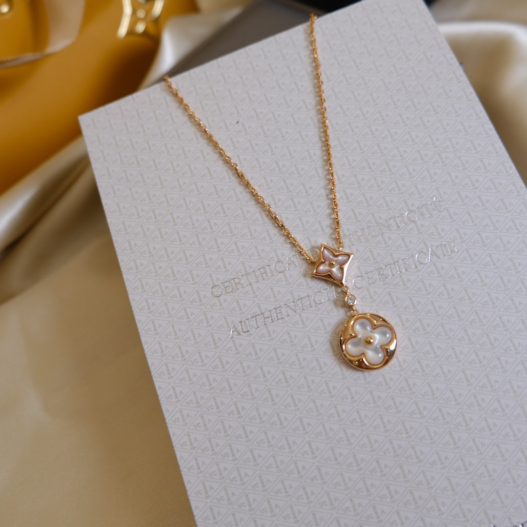 [Amore Jewelry]STAR AND SUN WHITE MOP 2 MOTIF PINK GOLD NECKLACE