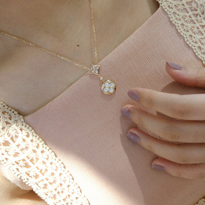 [Amore Jewelry]STAR AND SUN WHITE MOP 2 MOTIF PINK GOLD NECKLACE