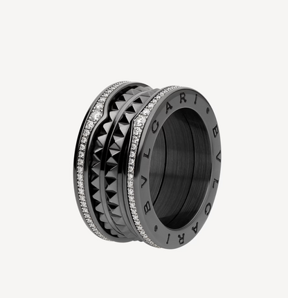 [Amore Jewelry]ZERO 1 ROCK FOUR-BAND BLACK CERAMIC WITH STUDDED SPIRAL AND PAVED DIAMONDS RING
