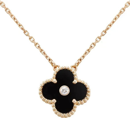 [Amore Jewelry]CLOVER 15MM DIAMOND ONYX NECKLACE
