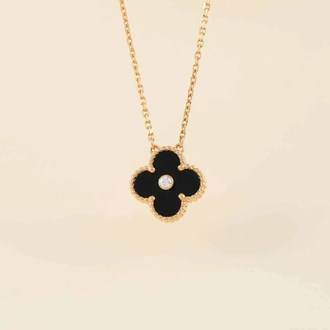 [Amore Jewelry]CLOVER 15MM DIAMOND ONYX NECKLACE