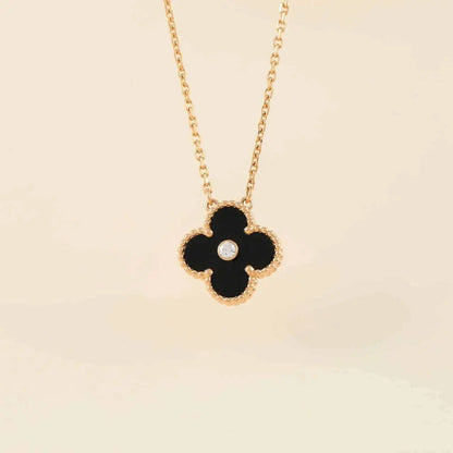 [Amore Jewelry]CLOVER 15MM DIAMOND ONYX NECKLACE
