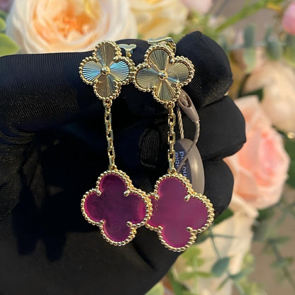 [Amore Jewelry]NEW CLOVER 2 MOTIF PINK ENAMEL EARRINGS