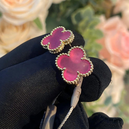 [Amore Jewelry]NEW CLOVER 15MM PINK ENAMEL STUD EARRINGS