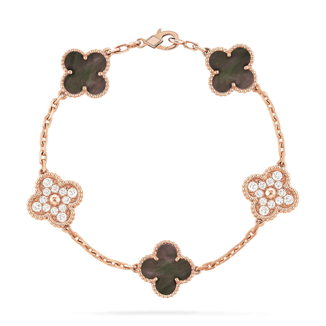 [Amore Jewelry]CLOVER 5 MOTIFS DARK MOP AND DIAMONDS PINK GOLD BRACELET
