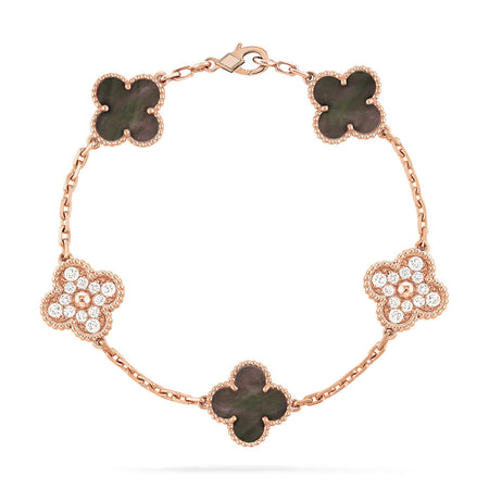 [Amore Jewelry]CLOVER 5 MOTIFS DARK MOP AND DIAMONDS PINK GOLD BRACELET