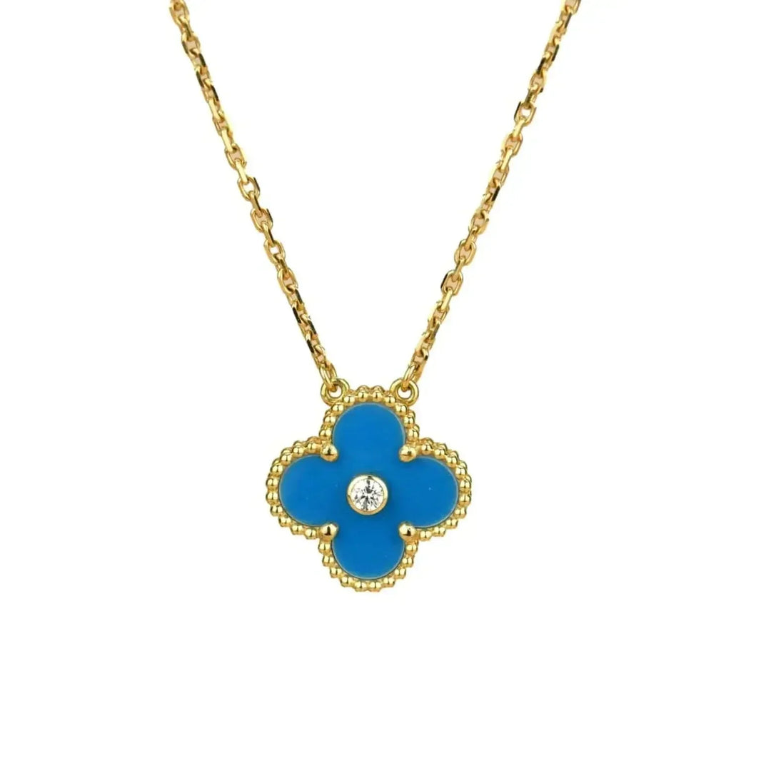 [Amore Jewelry]CLOVER 15MM DIAMOND AND BLUE AGATE NECKLACE