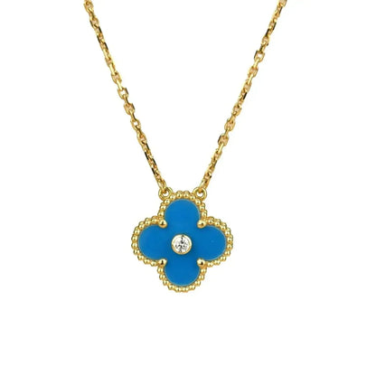 [Amore Jewelry]CLOVER 15MM DIAMOND AND BLUE AGATE NECKLACE