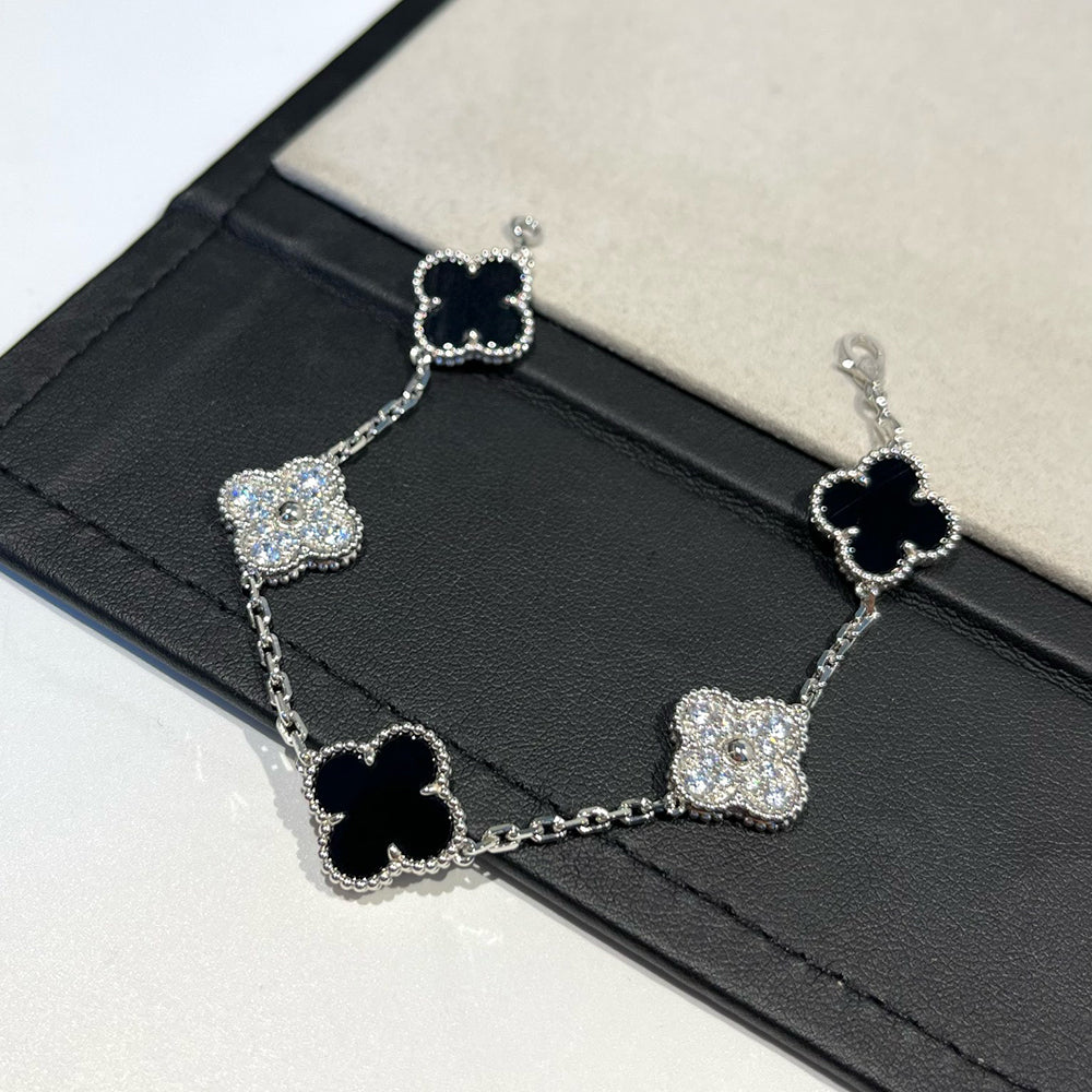 [Amore Jewelry]CLOVER 5 MOTIF ONYXS DIAMOND BRACELET SILVER