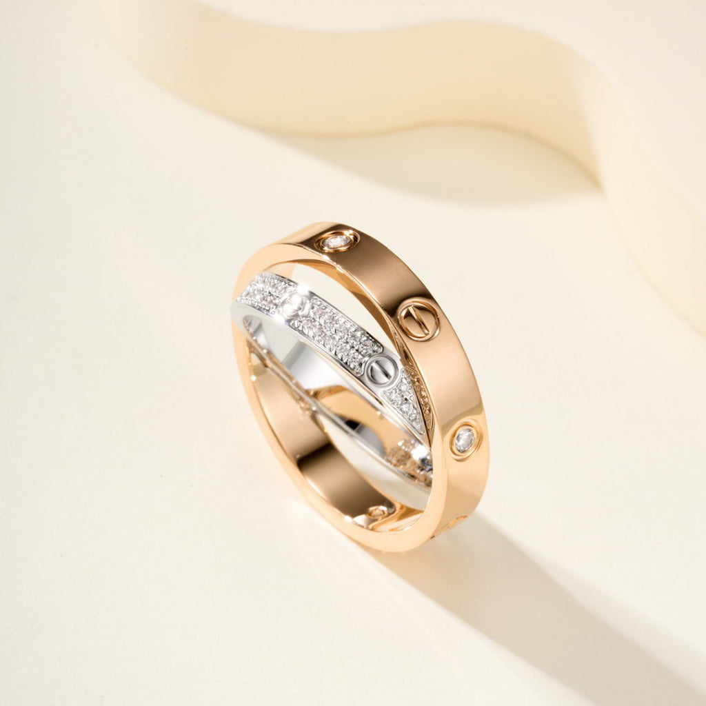 [Amore Jewelry]LOVE PINK GOLD SILVER DIAMOND DOUBLE RING