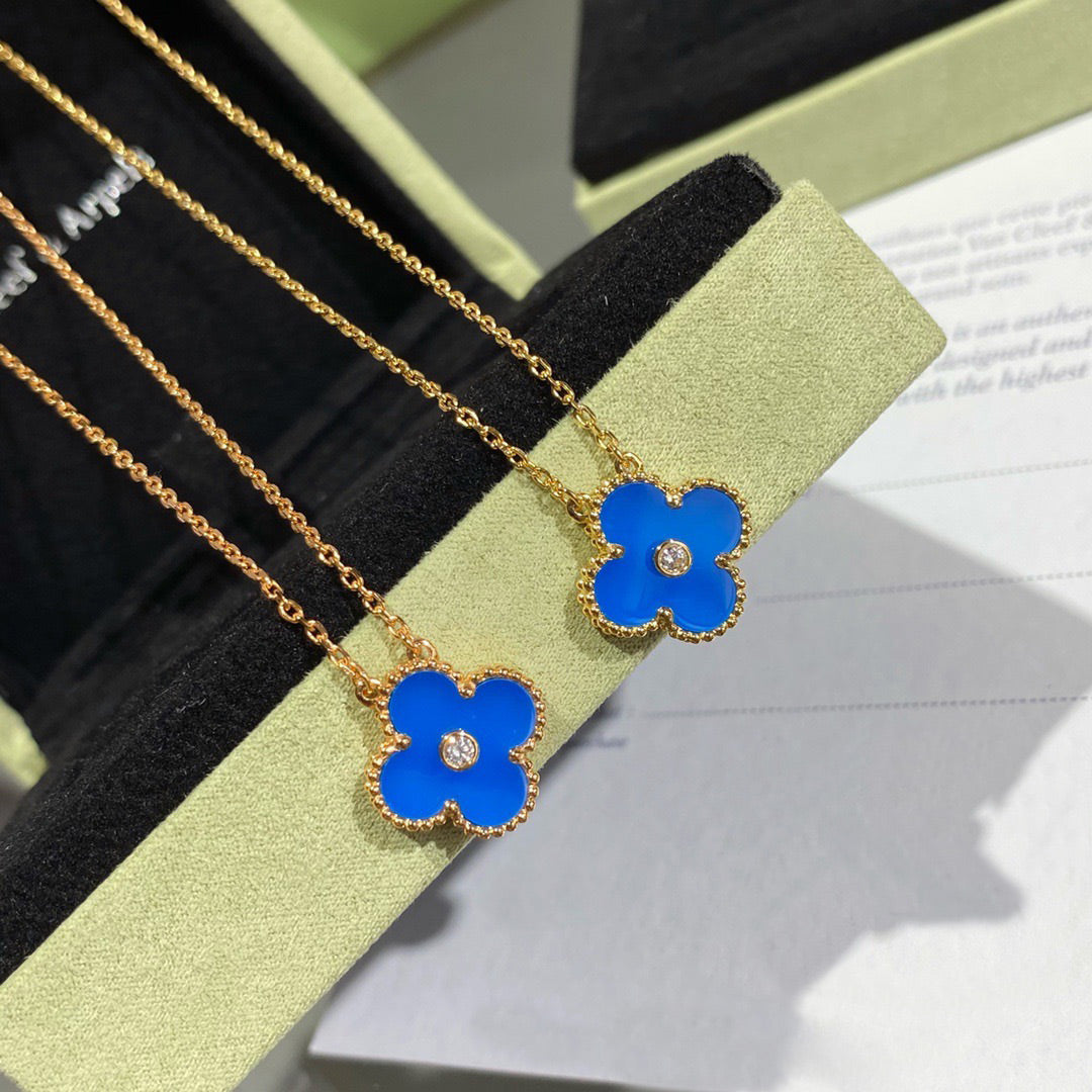 [Amore Jewelry]CLOVER 15MM DIAMOND AND BLUE AGATE NECKLACE
