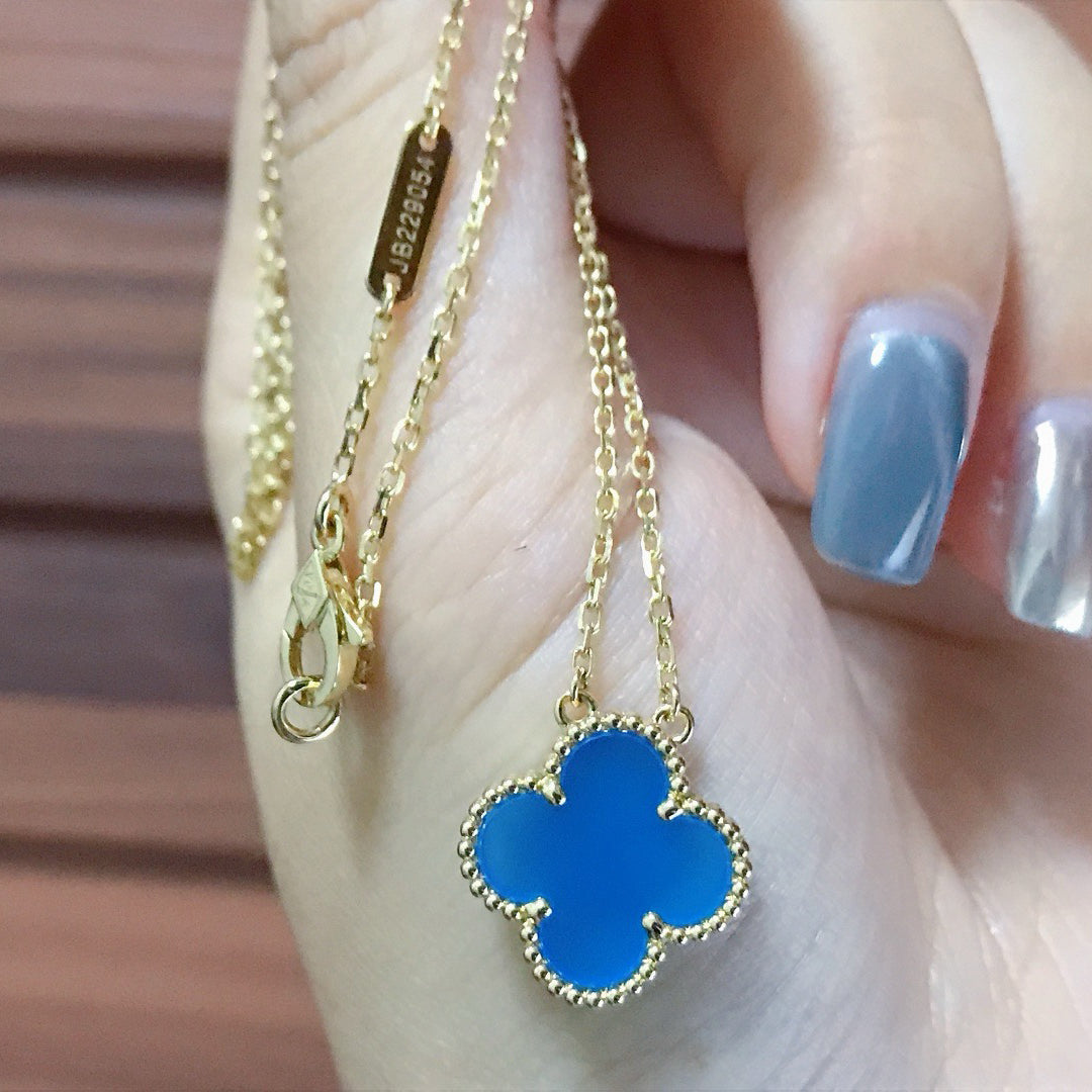 [Amore Jewelry]CLOVER 15MM BLUE AGATE NECKLACE