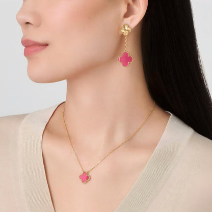 [Amore Jewelry]NEW CLOVER 2 MOTIF PINK ENAMEL EARRINGS