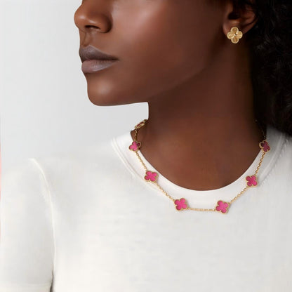 [Amore Jewelry]NEW CLOVER 10 MOTIFS PINK ENAMEL NECKLACE
