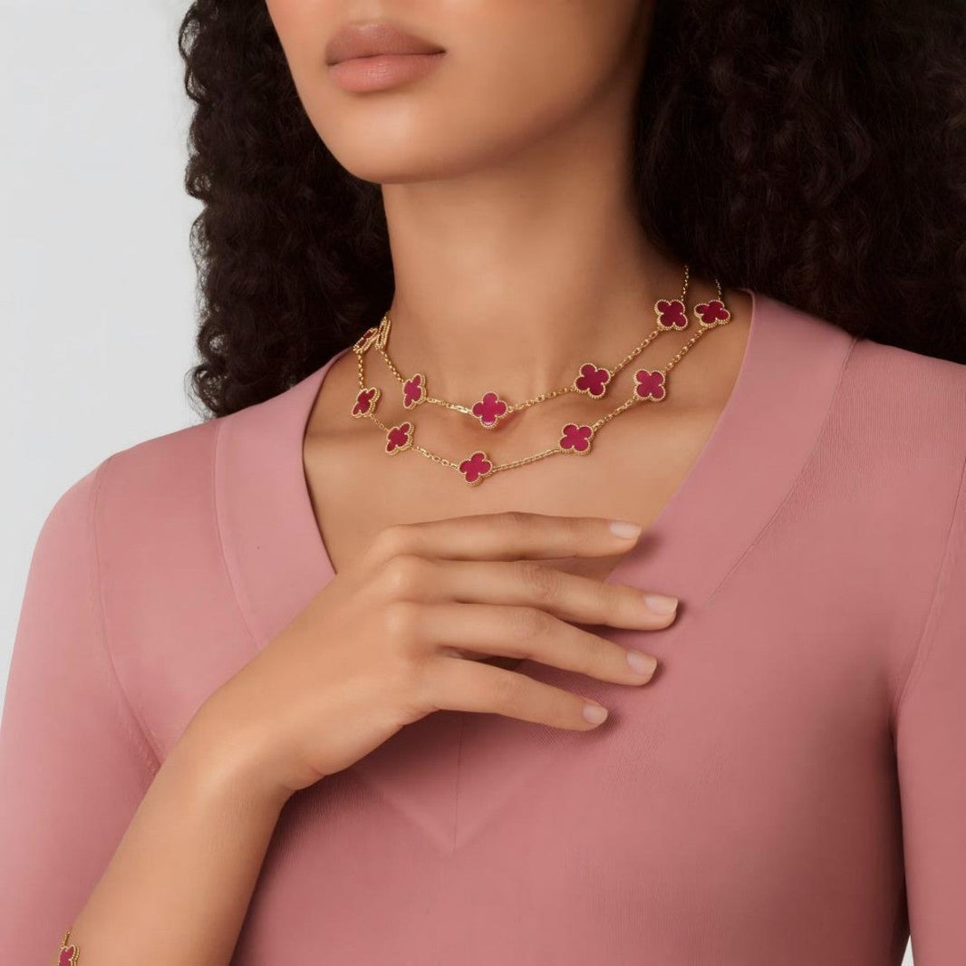 [Amore Jewelry] NEW CLOVER 20 MOTIFS PINK ENAMEL NECKLACE
