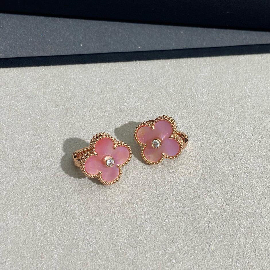 [Amore Jewelry]CLOVER MEDIUM 1 DIAMOND PINK EARRINGS