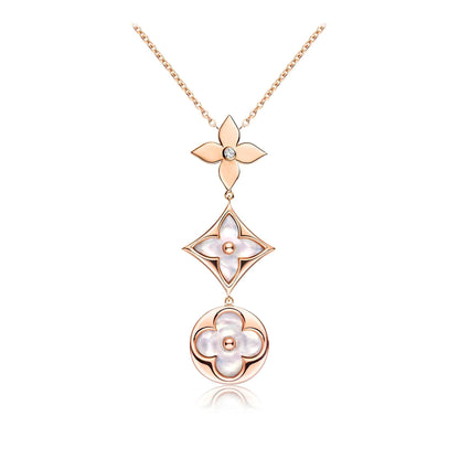 [Amore Jewelry]COLOR BLOSSOM LARIAT NECKLACE PINK GOLD WHITE MOTHER PEARL AND DIAMOND