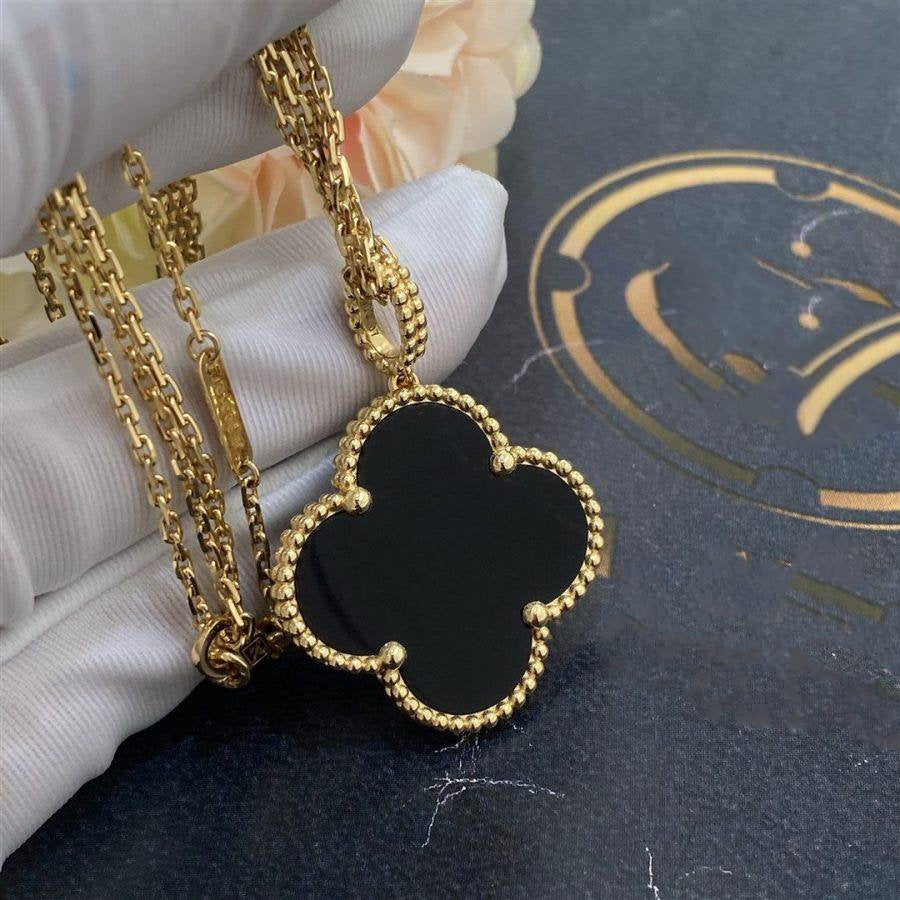 [Amore Jewelry]CLOVER 25MM GOLD ONYX BIG CLOVER NECKLACE