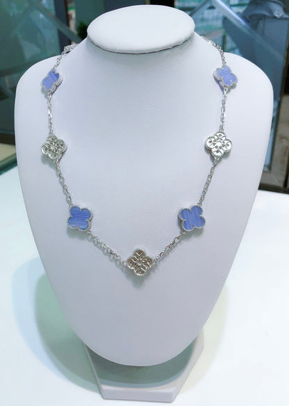 [Amore Jewelry]CLOVER 10 MOTIFS CHALCEDONY DIAMONDS SILVER NECKLACE