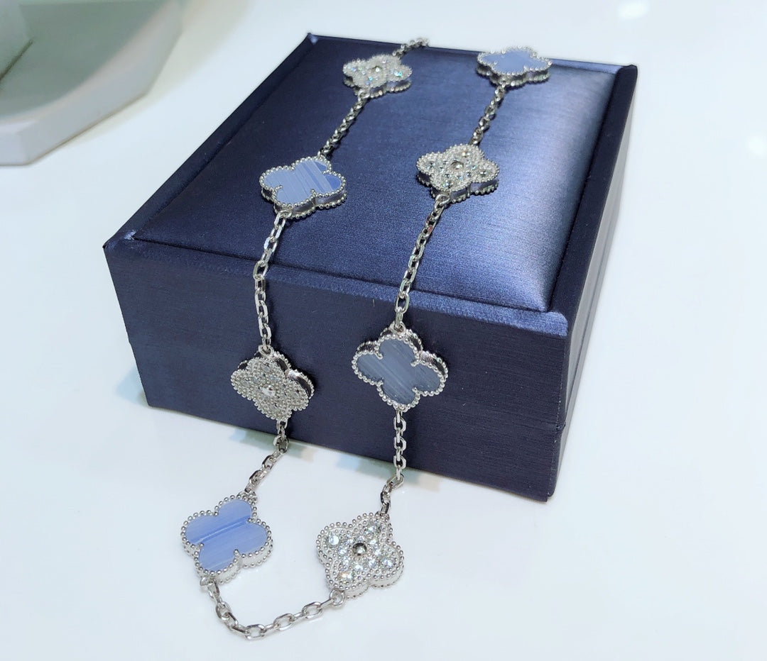 [Amore Jewelry]CLOVER 10 MOTIFS CHALCEDONY DIAMONDS SILVER NECKLACE